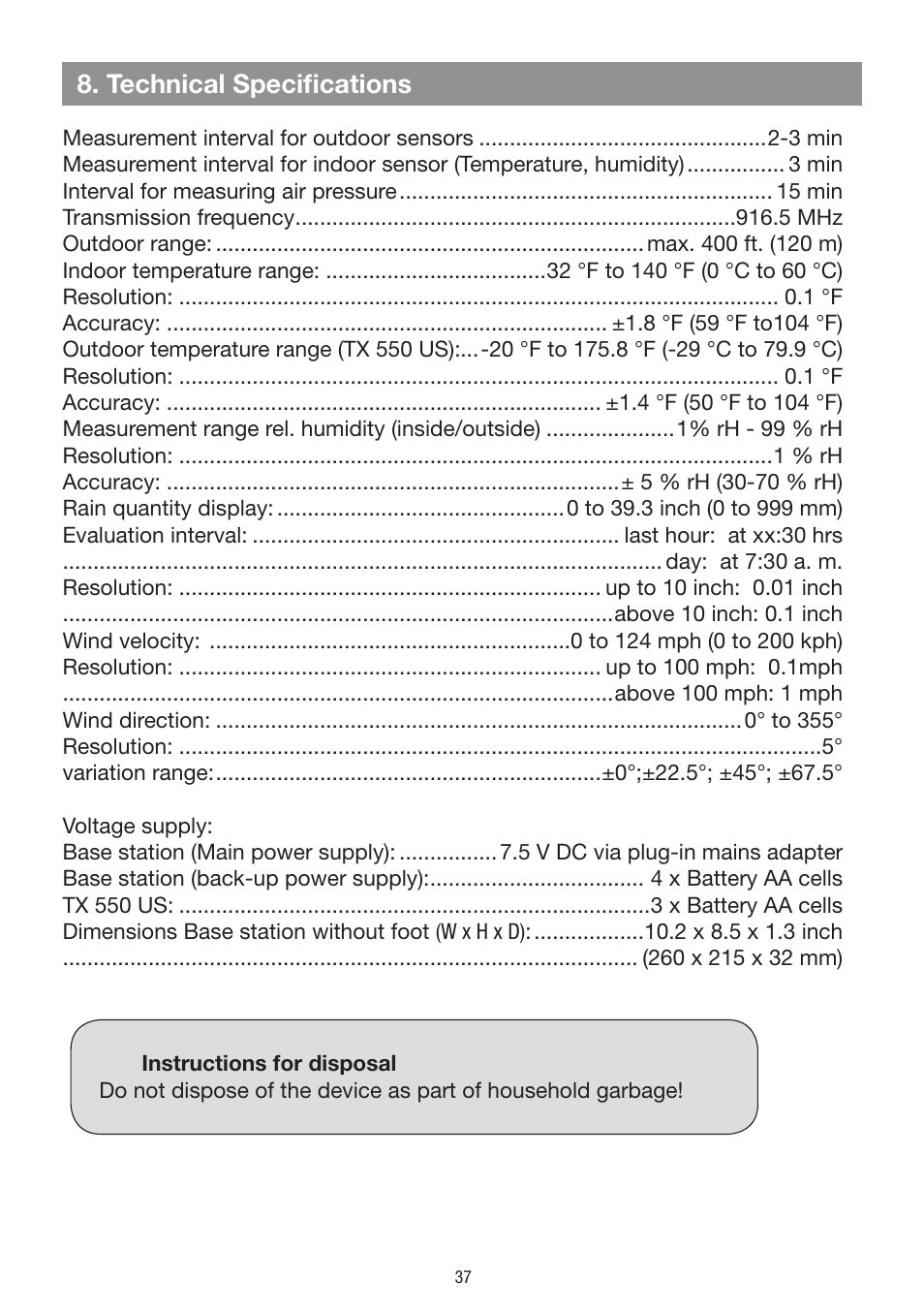 Technical specifications | La Crosse Technology WS 550 US User Manual | Page 37 / 64