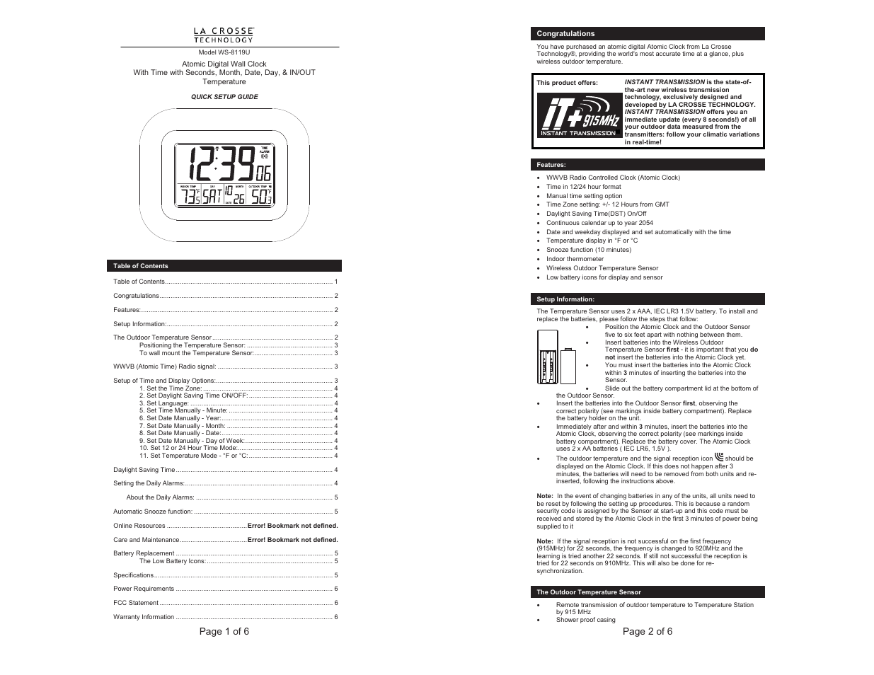 La Crosse Technology WS-8119U User Manual | 3 pages