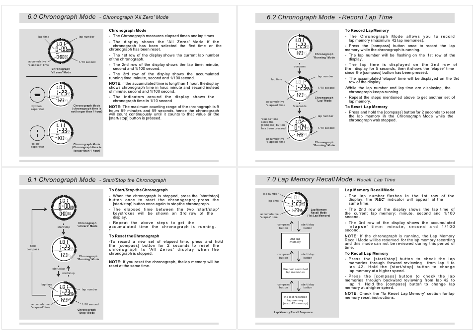 0 chronograph mode, 1 chronograph mode, 2 chronograph mode - record lap time | La Crosse Technology XG-20 User Manual | Page 10 / 36