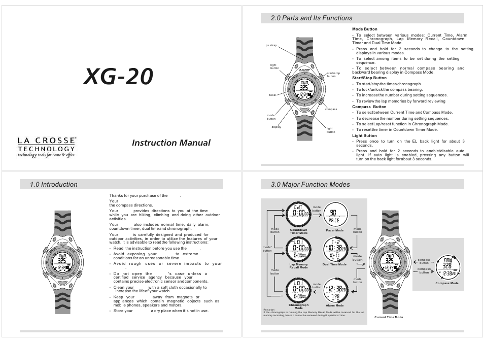 Xg-20, Instruction manual, 0 introduction 3.0 major function modes | 0 parts and its functions | La Crosse Technology XG-20 User Manual | Page 2 / 36