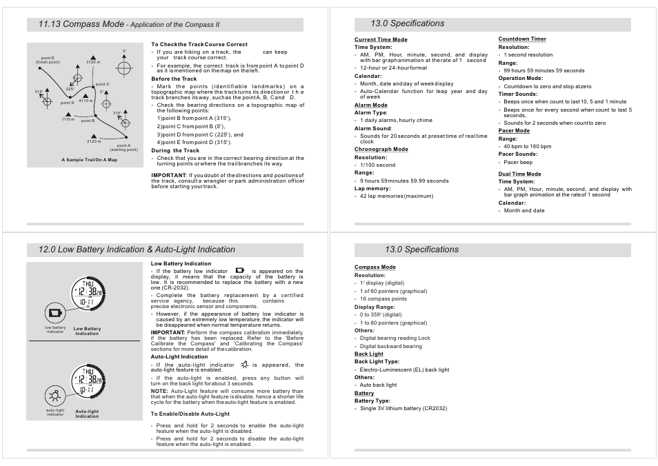 0 specifications, 13 compass mode, 0 low battery indication & auto-light indication | La Crosse Technology XG-20 User Manual | Page 33 / 36