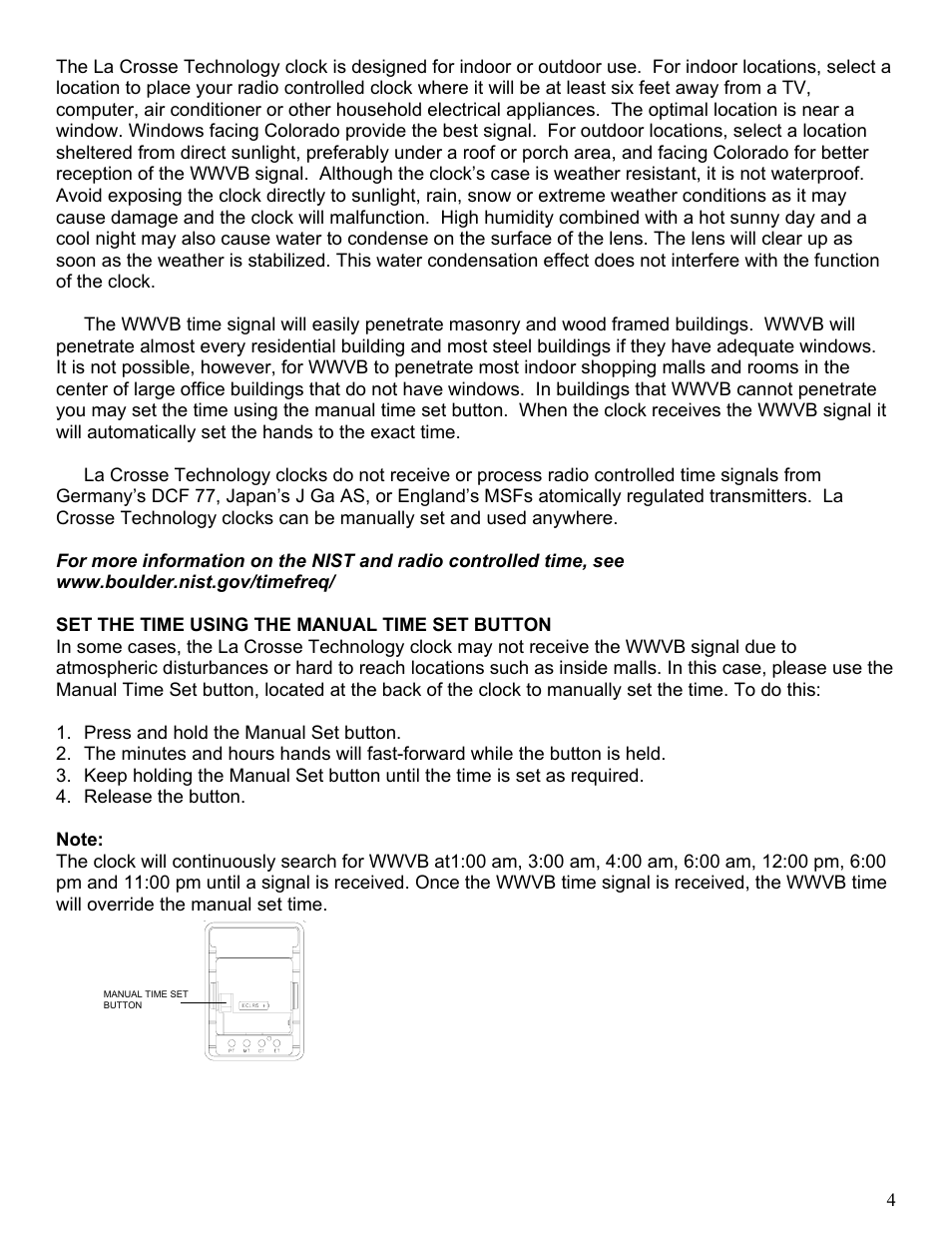 Set the time using the manual time set button | La Crosse Technology WT-3181 User Manual | Page 4 / 7