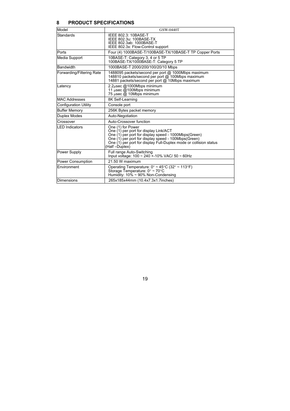 19 8 product specifications | LevelOne OfficeCon GSW-0440T User Manual | Page 19 / 21