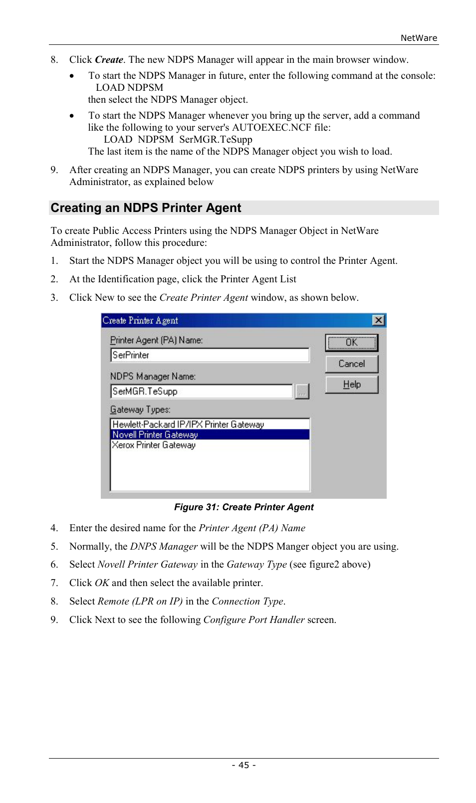 Creating an ndps printer agent | LevelOne FPS-2013TXU User Manual | Page 48 / 101