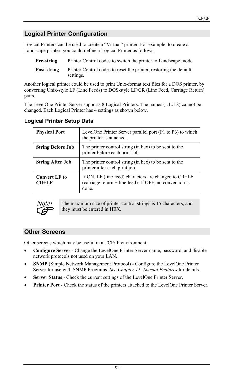 Logical printer configuration, Other screens | LevelOne FPS-2013TXU User Manual | Page 54 / 101