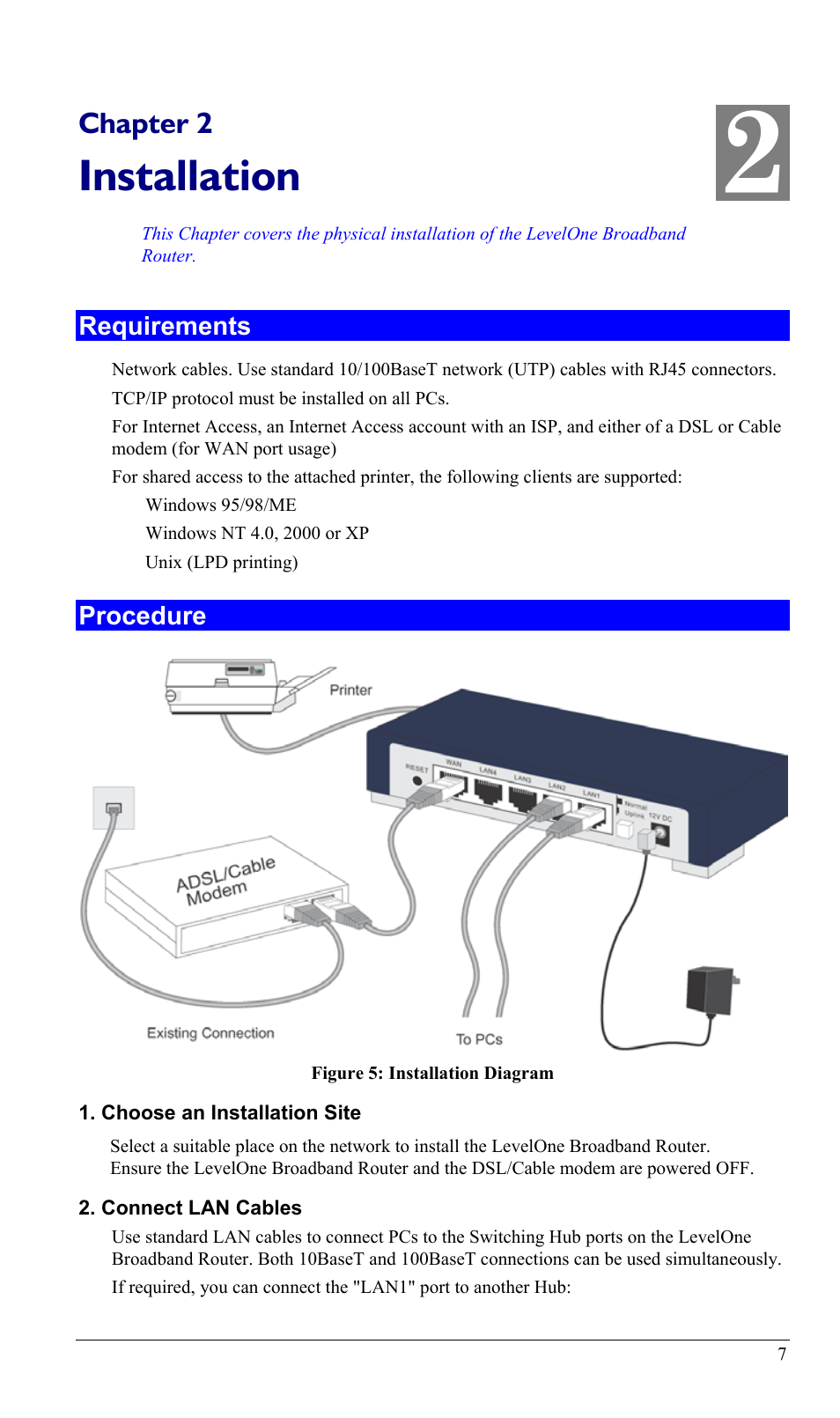 Chapter 2 installation, Requirements, Procedure | Requirements procedure, Installation, Chapter 2 | LevelOne FBR-1402TX User Manual | Page 10 / 92