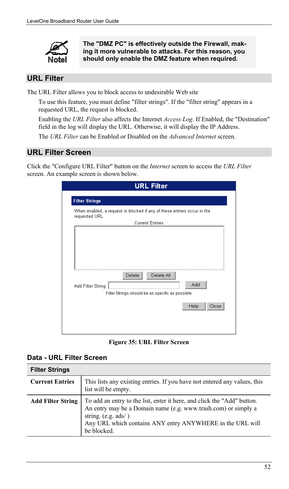 Url filter, Url filter screen | LevelOne FBR-1402TX User Manual | Page 55 / 92
