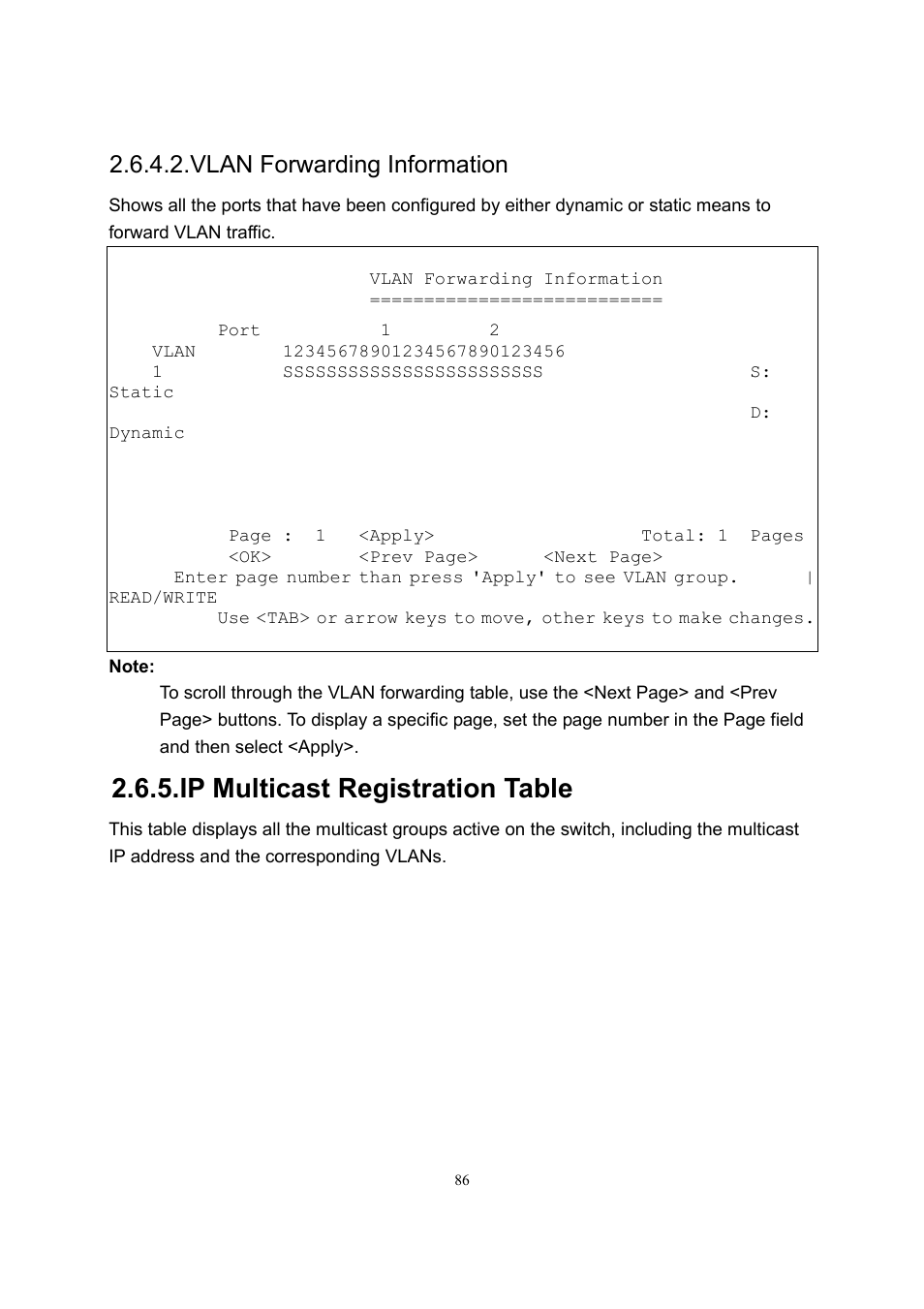 Ip multicast registration table, Vlan forwarding information | LevelOne GSW-2600TXM User Manual | Page 86 / 200