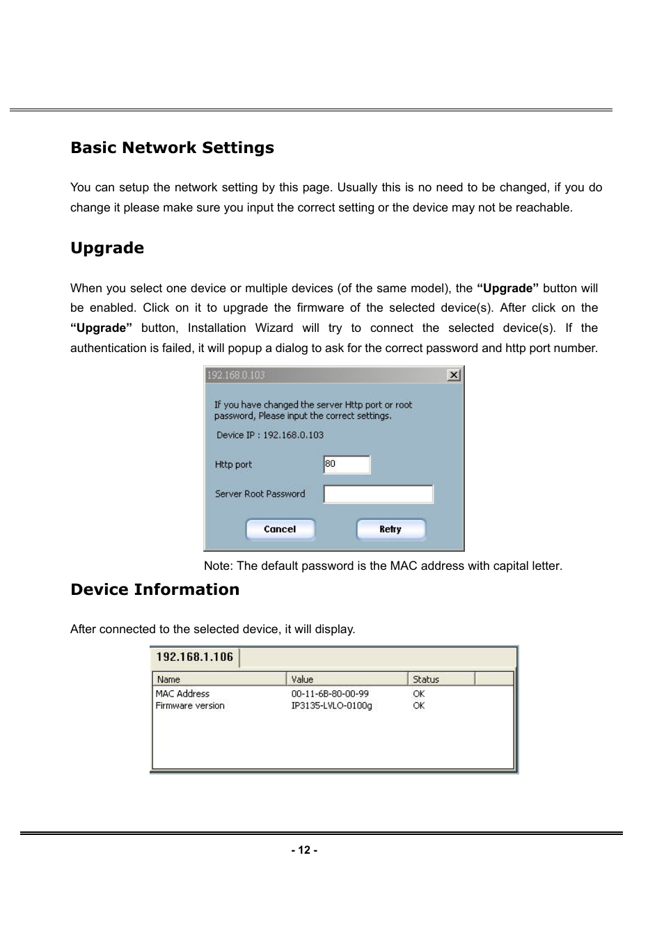 Basic network settings, Upgrade, Device information | LevelOne FCS-1030 User Manual | Page 20 / 73