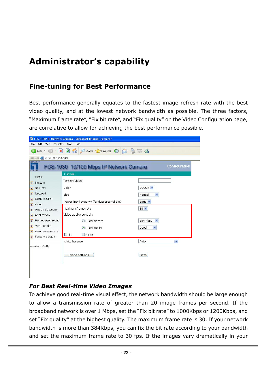Administrator’s capability, Fine-tuning for best performance | LevelOne FCS-1030 User Manual | Page 30 / 73