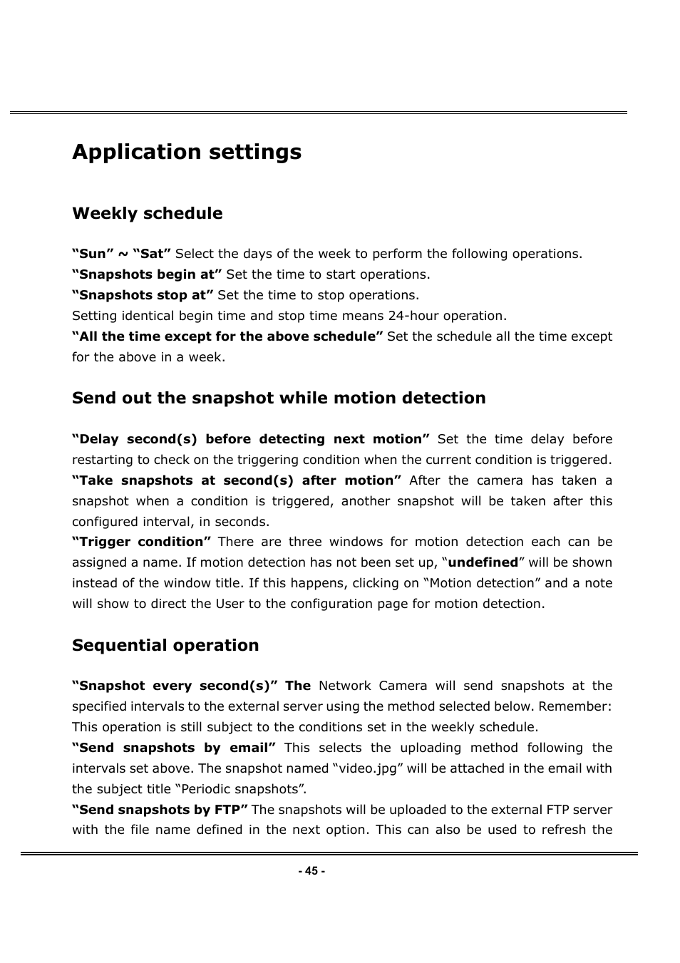 Application settings, Weekly schedule, Send out the snapshot while motion detection | Sequential operation | LevelOne FCS-1030 User Manual | Page 53 / 73