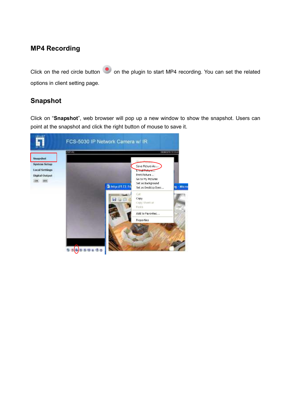 Mp4 recording, Snapshot | LevelOne FCS-5030 User Manual | Page 35 / 114