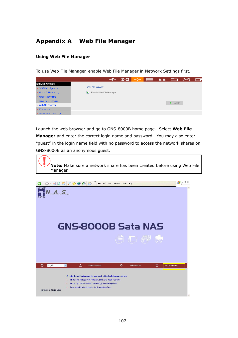 Appendix a web file manager | LevelOne 4-bay Sata NAS w/2 Gigabit Ethernet GNS-8000B User Manual | Page 107 / 135