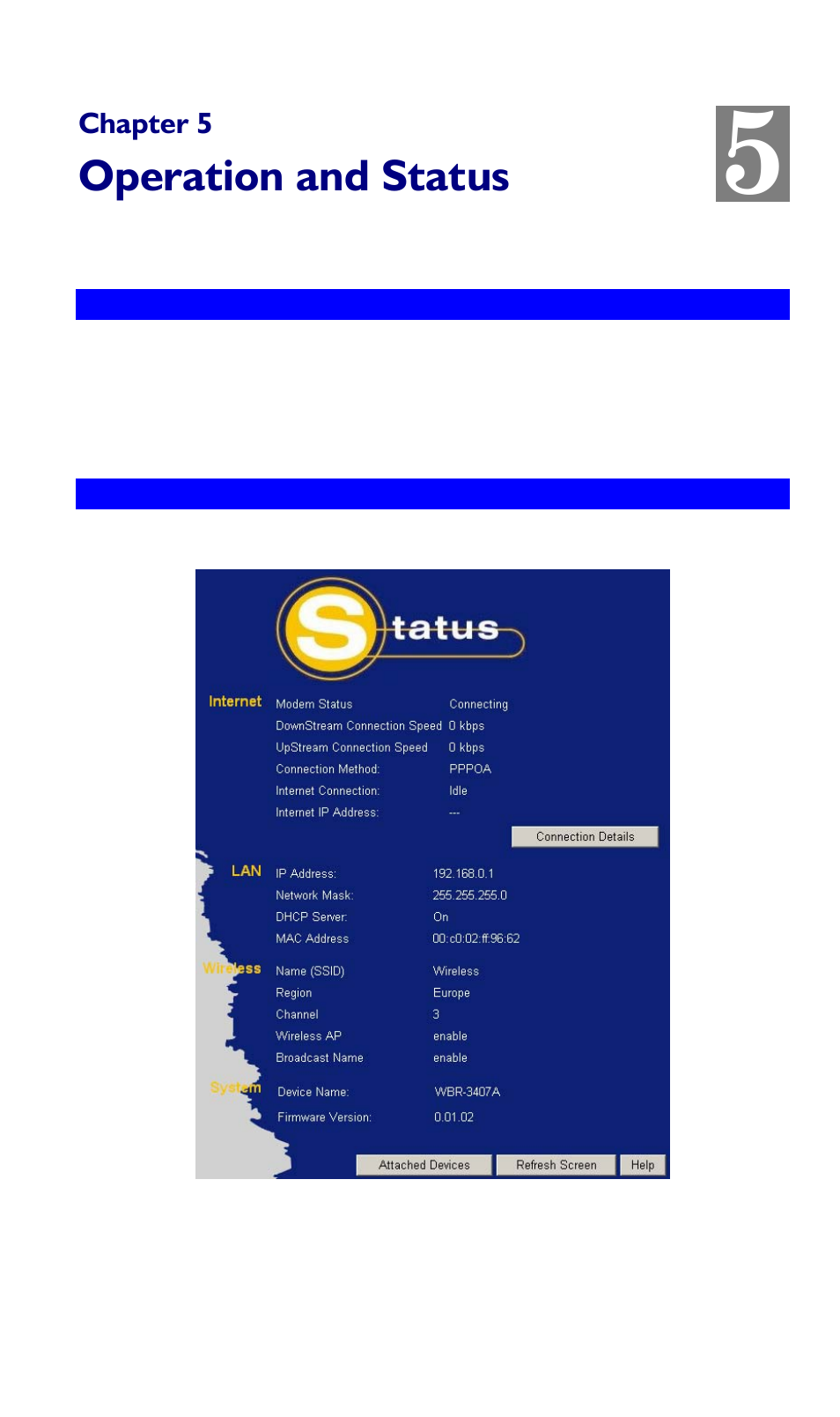 Chapter 5 operation and status, Operation, Status screen | Operation and status | LevelOne WBR-3407 11g User Manual | Page 56 / 99