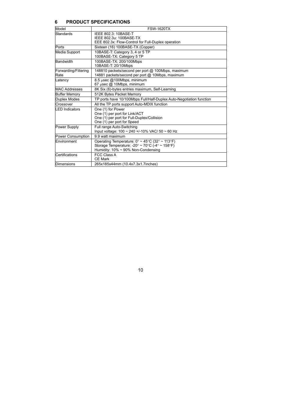 10 6 product specifications | LevelOne OfficeCon FSW-1620TX User Manual | Page 10 / 12