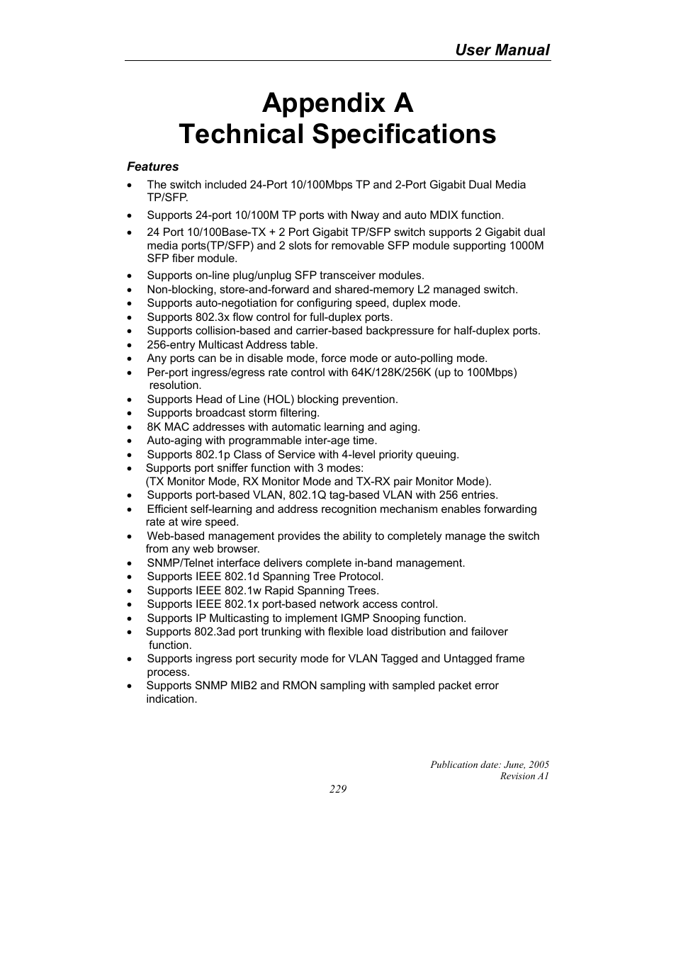 Appendix a technical specifications, User manual | LevelOne ProCon GSW-2690 User Manual | Page 233 / 265