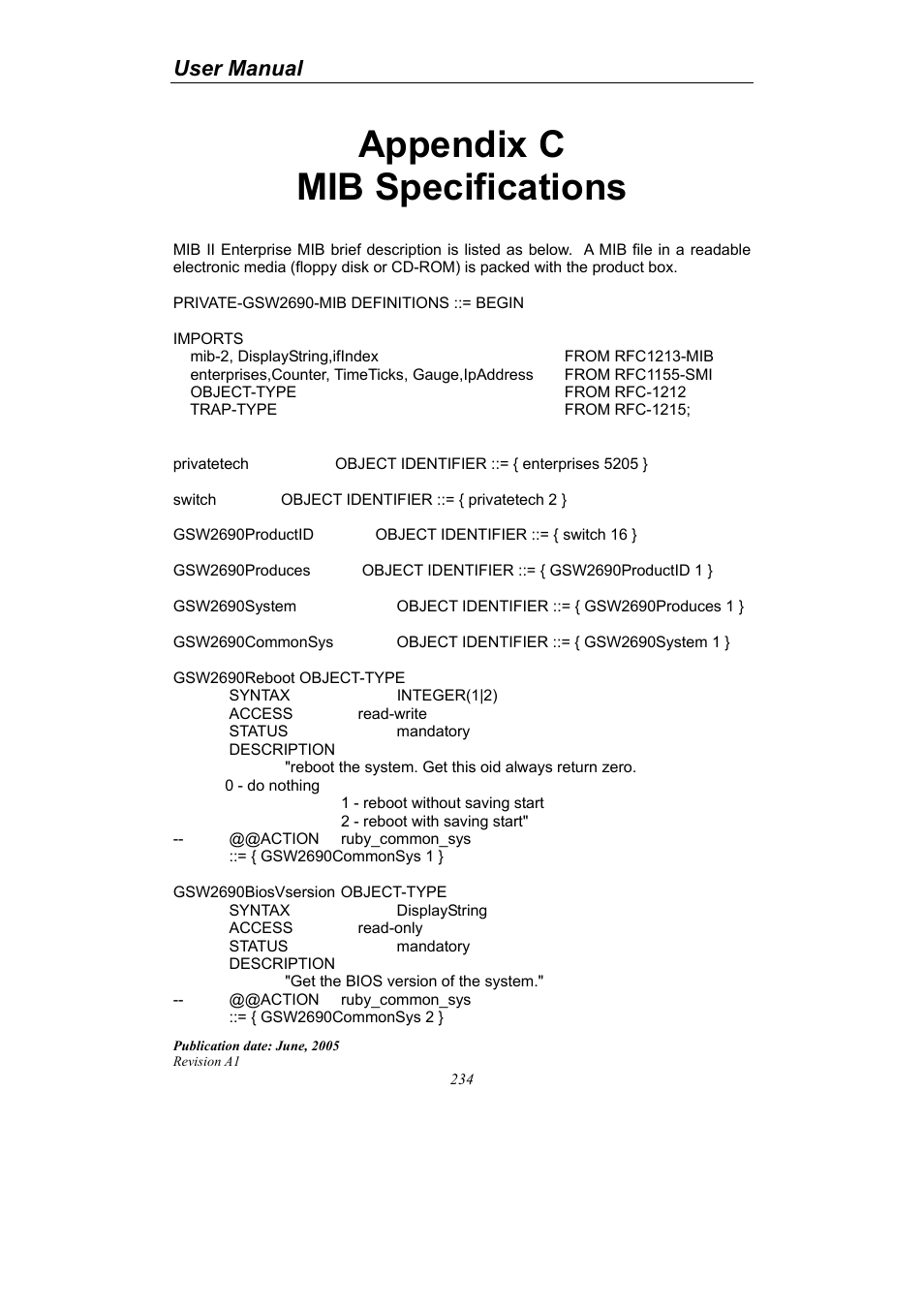 Appendix c mib specifications, User manual | LevelOne ProCon GSW-2690 User Manual | Page 238 / 265