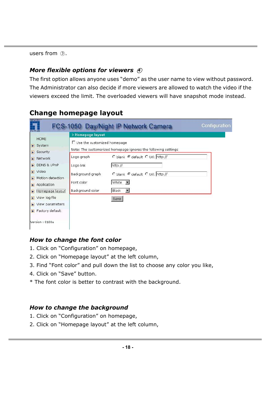 Change homepage layout | LevelOne FCS-1050 User Manual | Page 18 / 60
