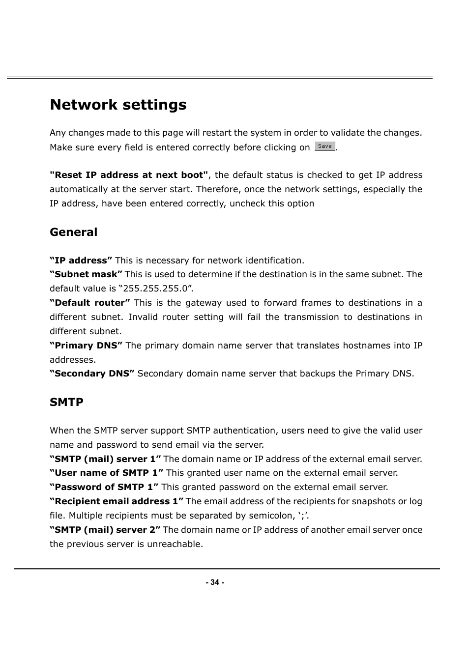 Network settings, General, Smtp | LevelOne FCS-1050 User Manual | Page 34 / 60