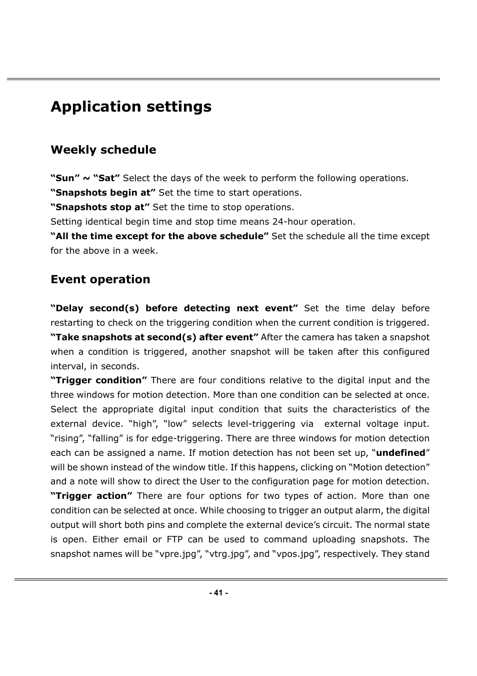 Application settings, Weekly schedule, Event operation | LevelOne FCS-1050 User Manual | Page 41 / 60