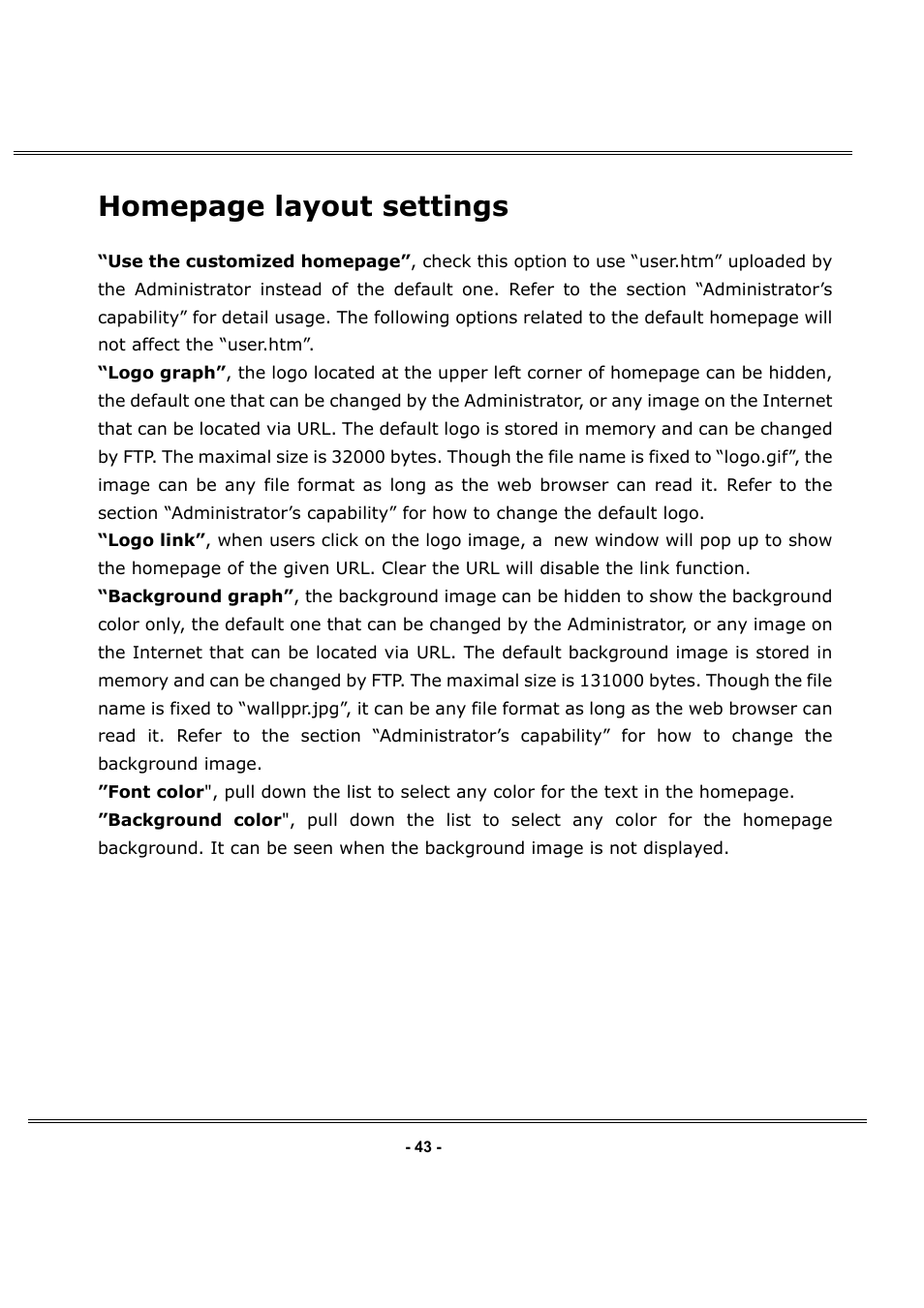 Homepage layout settings | LevelOne FCS-1050 User Manual | Page 43 / 60