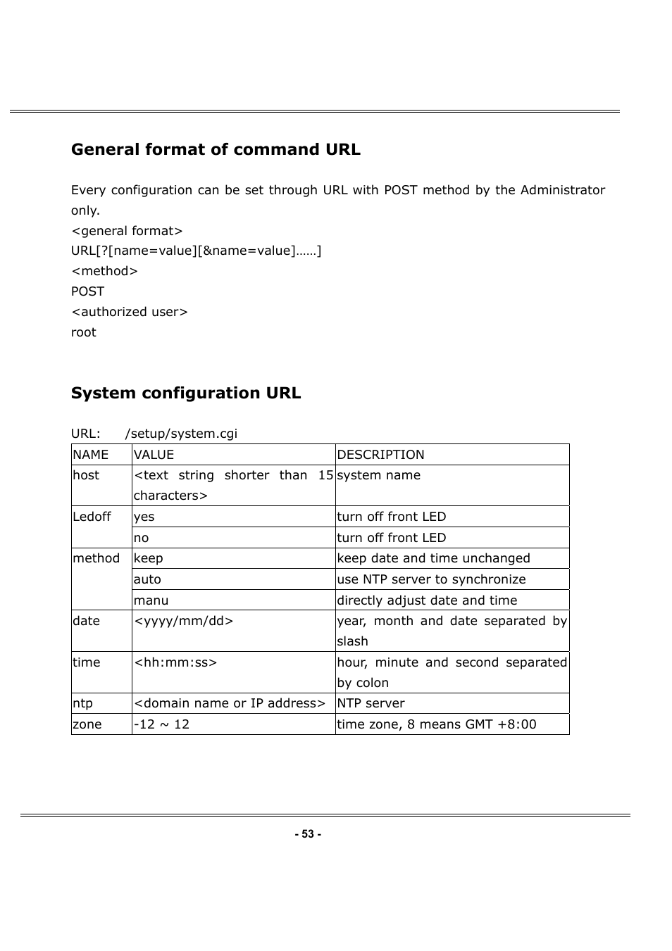 General format of command url, System configuration url | LevelOne FCS-1050 User Manual | Page 52 / 60