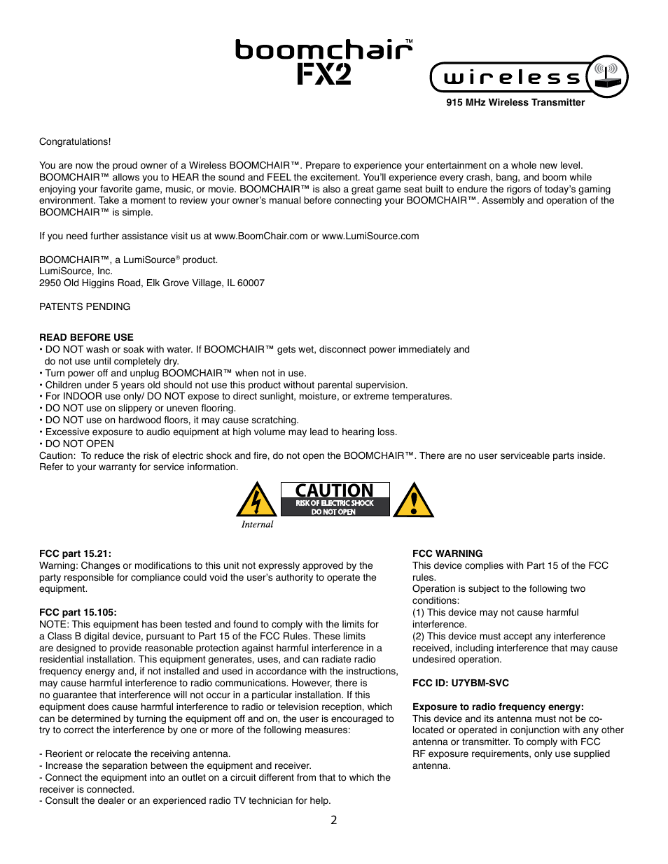 Caution | LumiSource BoomChair FX2 User Manual | Page 2 / 8