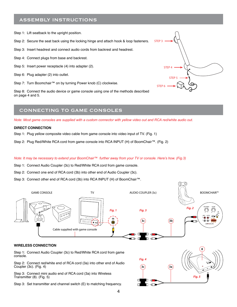 Connecting to game consoles, Assembly instructions | LumiSource BoomChair FX2 User Manual | Page 4 / 8