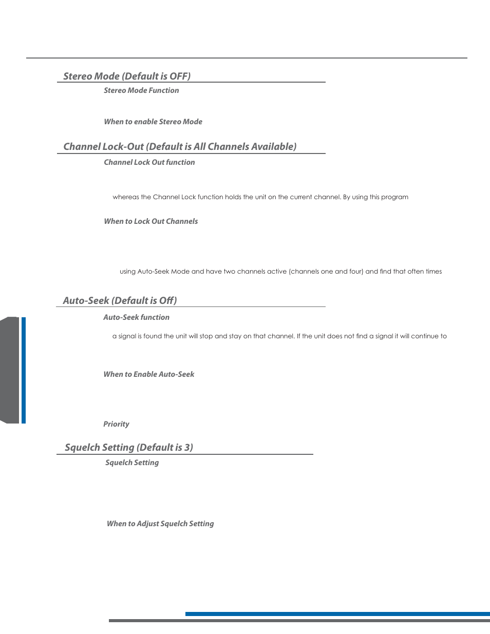 Programmable features detailed descriptions, Stereo mode (default is off), Auto-seek (default is off) | Squelch setting (default is 3) | Listen Technologies Stationary LA-350 User Manual | Page 116 / 148