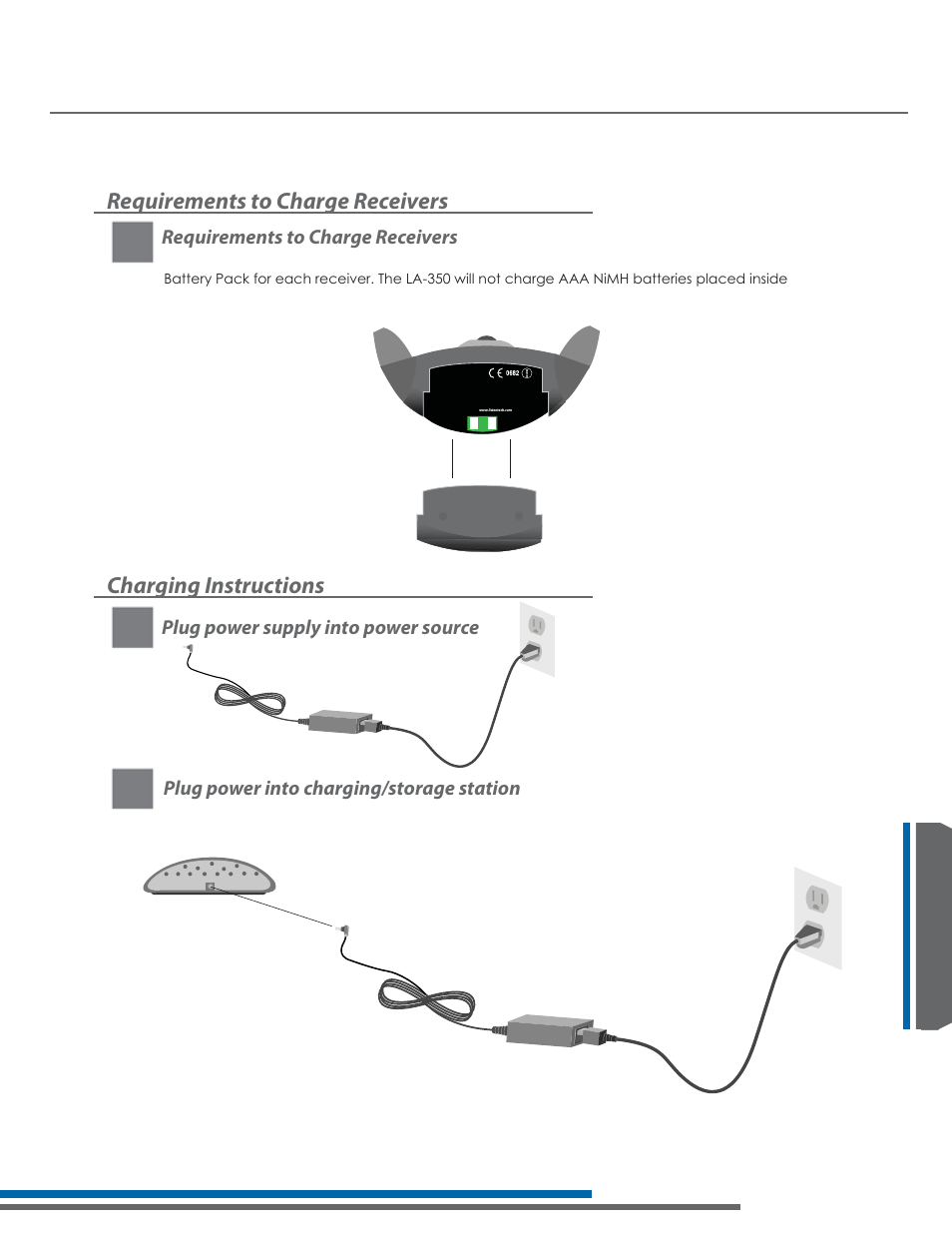 La-350 charging requirements/instructions, Requirements to charge receivers, Charging instructions | Plug power supply into power source, Plug power into charging/storage station | Listen Technologies Stationary LA-350 User Manual | Page 131 / 148