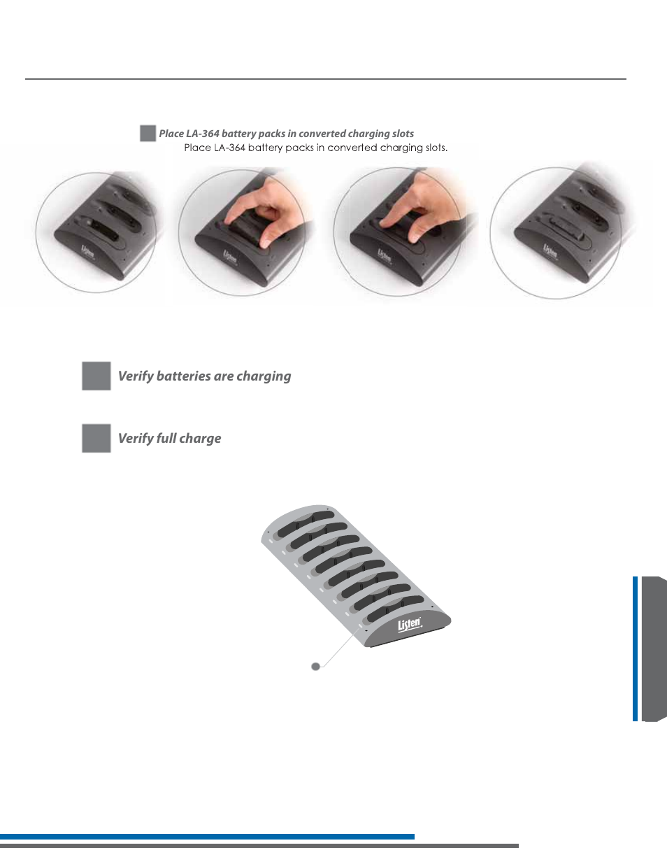 La-350 charging requirements/instructions, Verify batteries are charging, Verify full charge | Listen Technologies Stationary LA-350 User Manual | Page 133 / 148