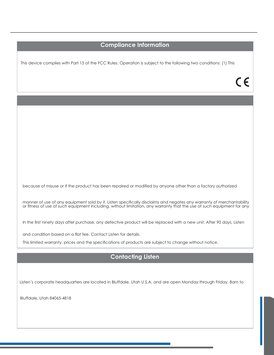 Compliance, warranty and contact information, Rpsoldqfh,qirupdwlrq, Warranty | Rqwdfwlqj/lvwhq | Listen Technologies Stationary LA-350 User Manual | Page 147 / 148