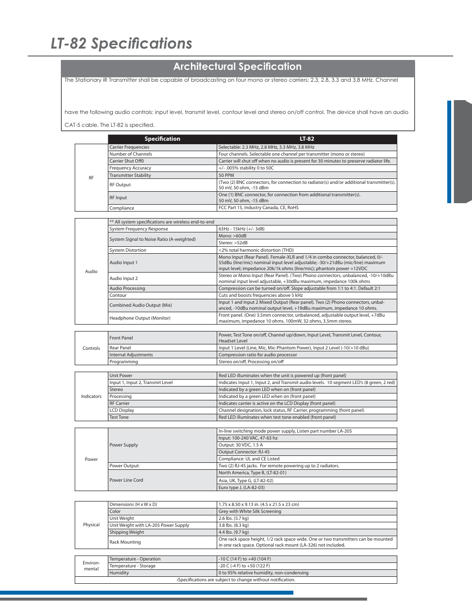 76shflàfdwlrqv, Ufklwhfwxudo6shflàfdwlrq, Lt-82 design guide design guide lt-82 | Listen Technologies Stationary LA-350 User Manual | Page 41 / 148