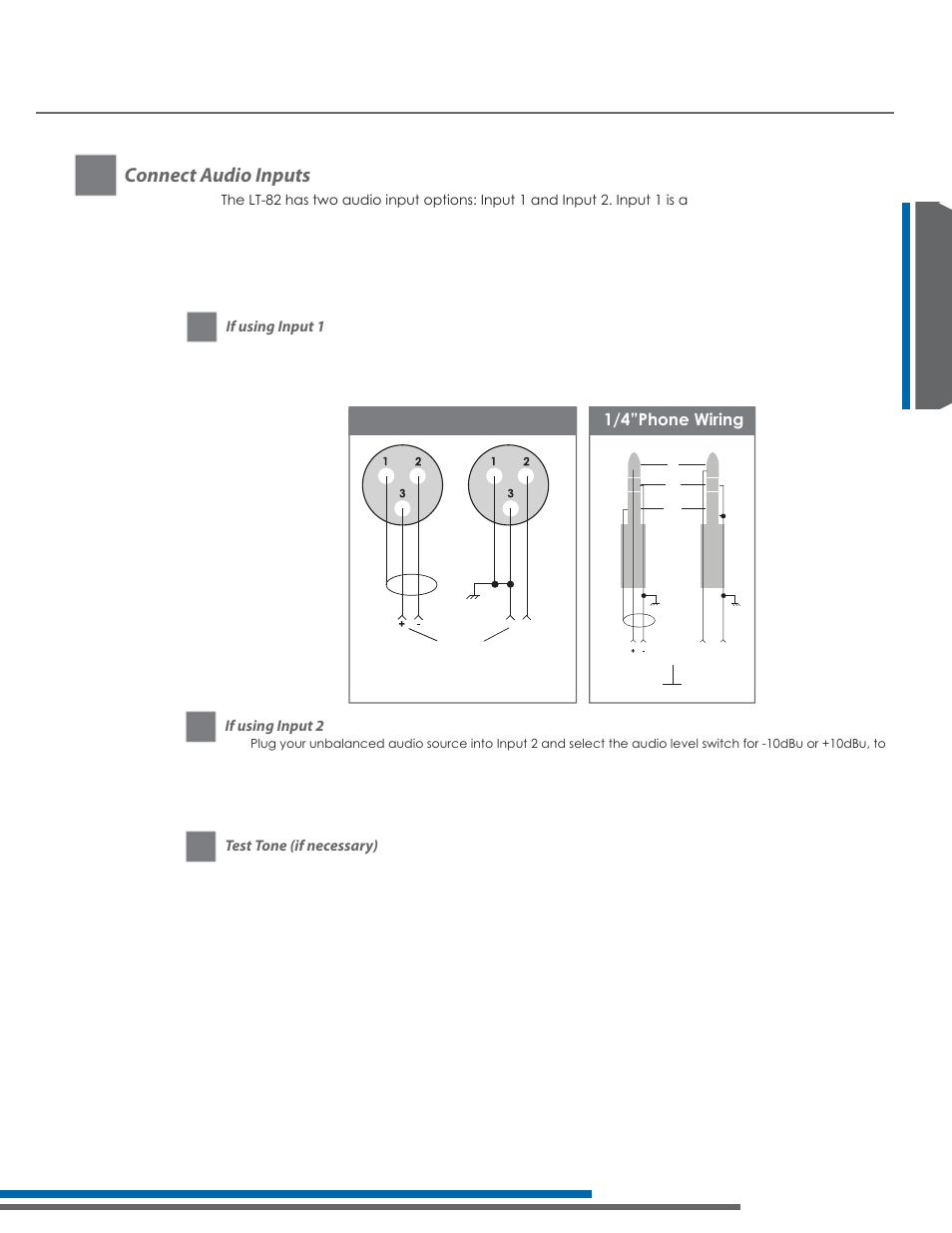 Lt-82 setup and operating instructions, Connect audio inputs, Xlr wiring | Μ3krqh:lulqj, Lt-82 design guide design guide lt-82, If using input 2, Test tone (if necessary) if using input 1 | Listen Technologies Stationary LA-350 User Manual | Page 47 / 148