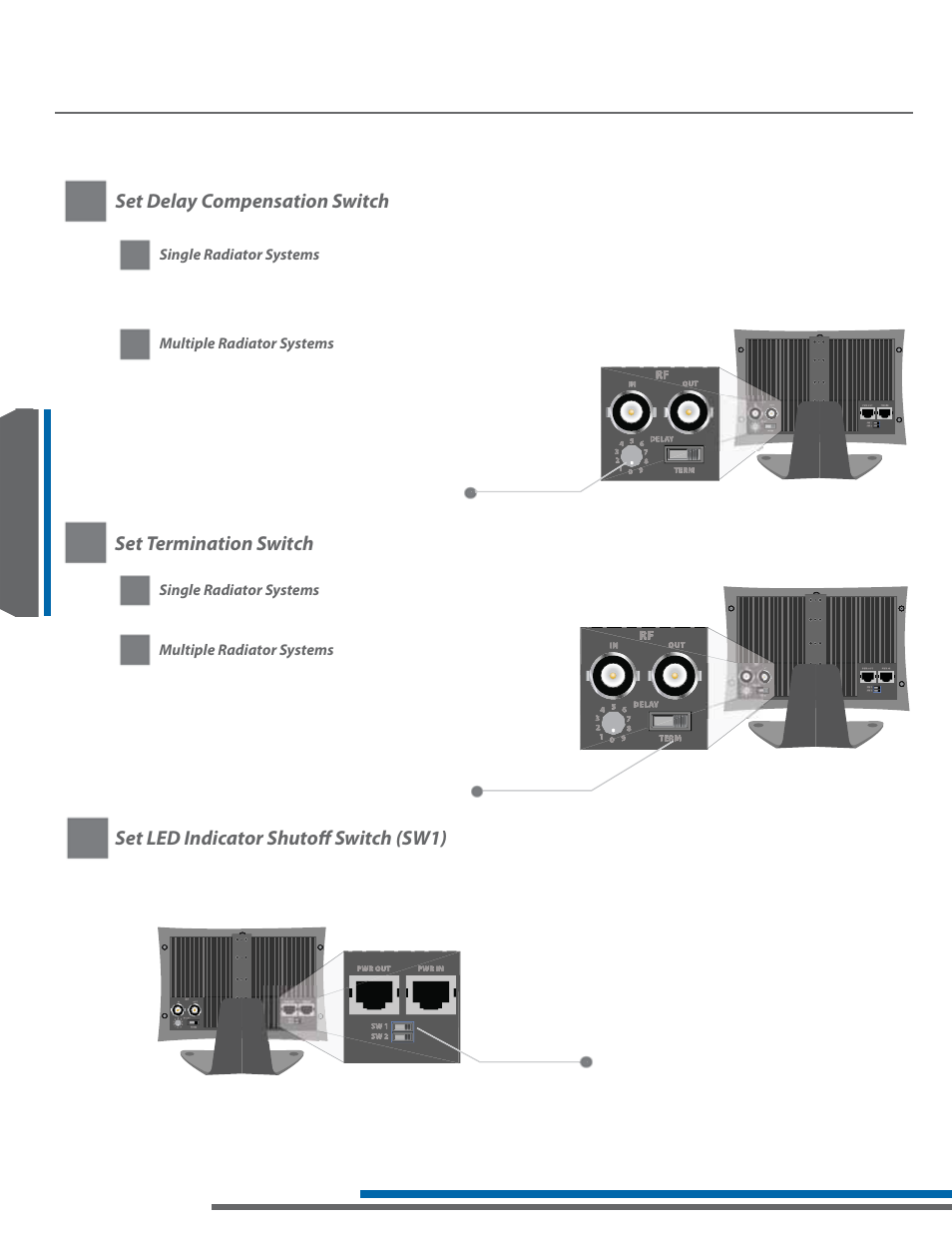 La-140 setup and operating instructions, Set termination switch, Set led indicator shutoff switch (sw1) | Set delay compensation switch | Listen Technologies Stationary LA-350 User Manual | Page 62 / 148