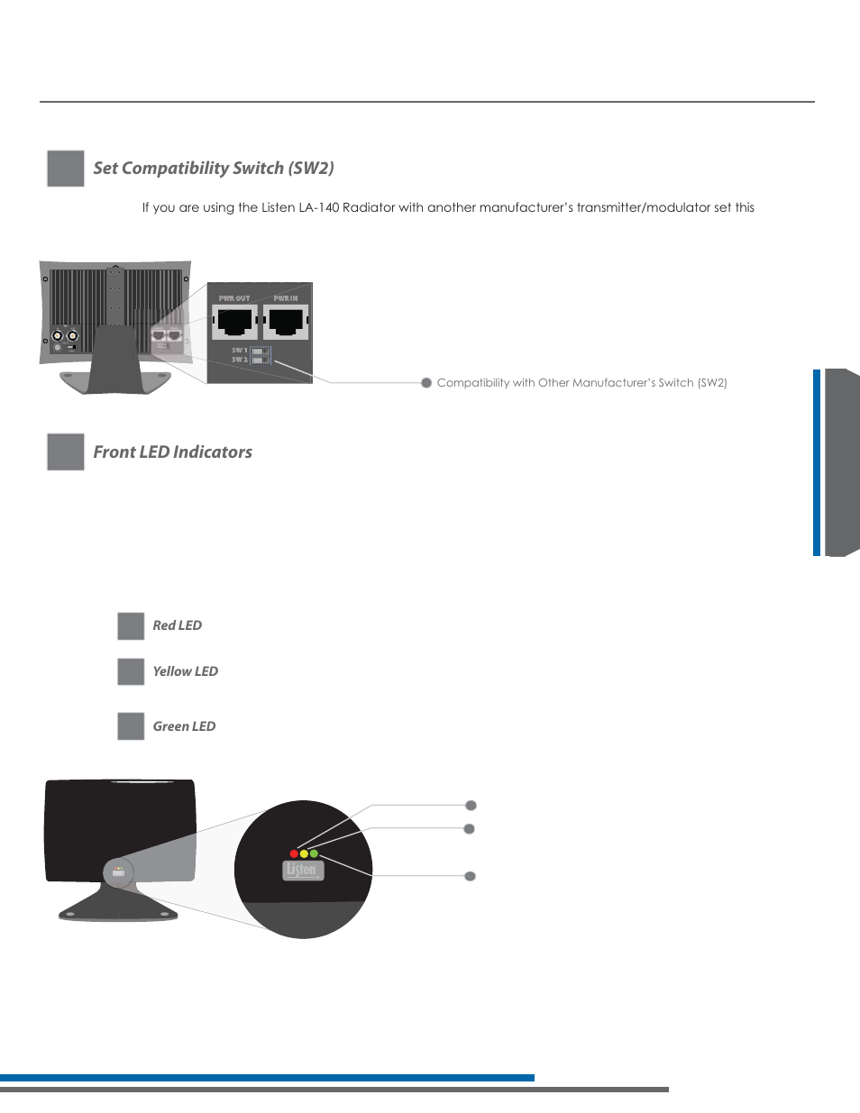La-140 setup and operating instructions, Set compatibility switch (sw2), Front led indicators | Listen Technologies Stationary LA-350 User Manual | Page 63 / 148