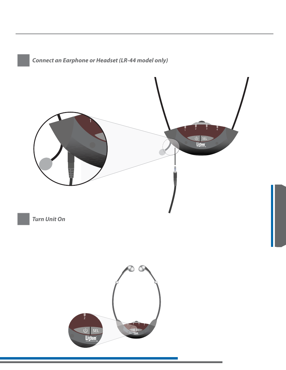 Lr-42/44 setup instructions, Connect an earphone or headset (lr-44 model only), Turn unit on | Listen Technologies Stationary LA-350 User Manual | Page 99 / 148