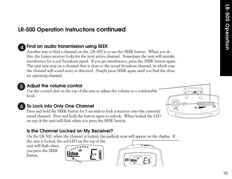 Continued, Lr-500 operation instructions | Listen Technologies LR-300 User Manual | Page 17 / 76