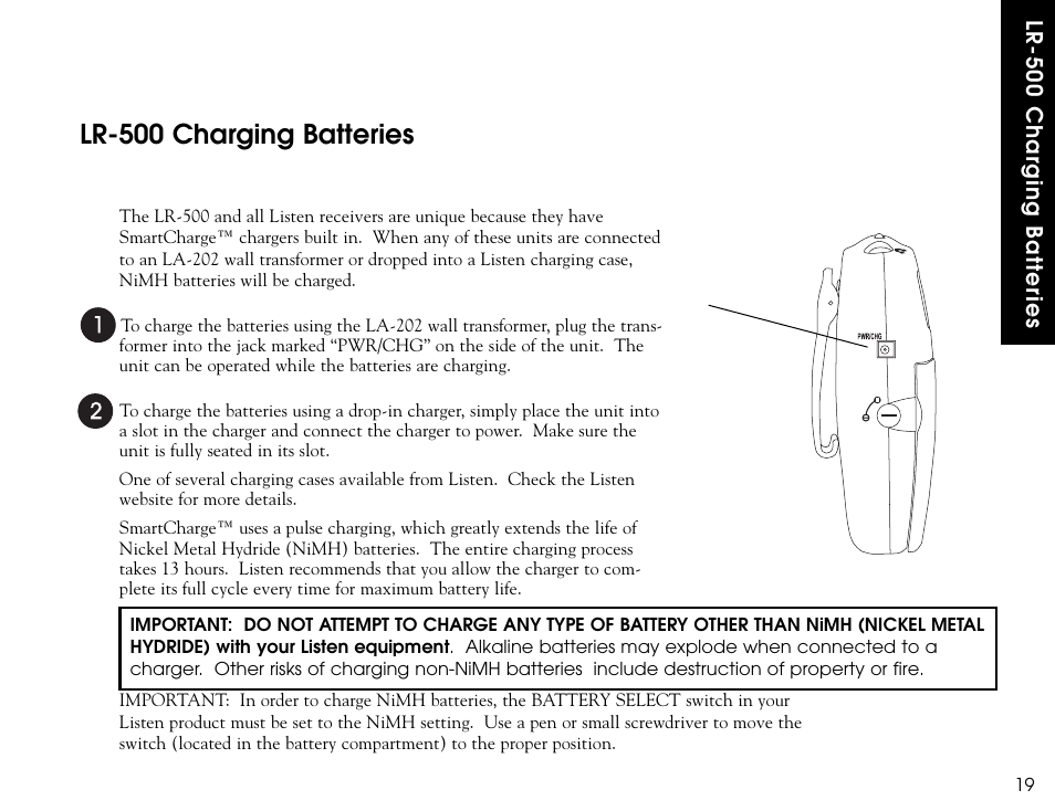 Lr-500 charging batteries | Listen Technologies LR-300 User Manual | Page 21 / 76