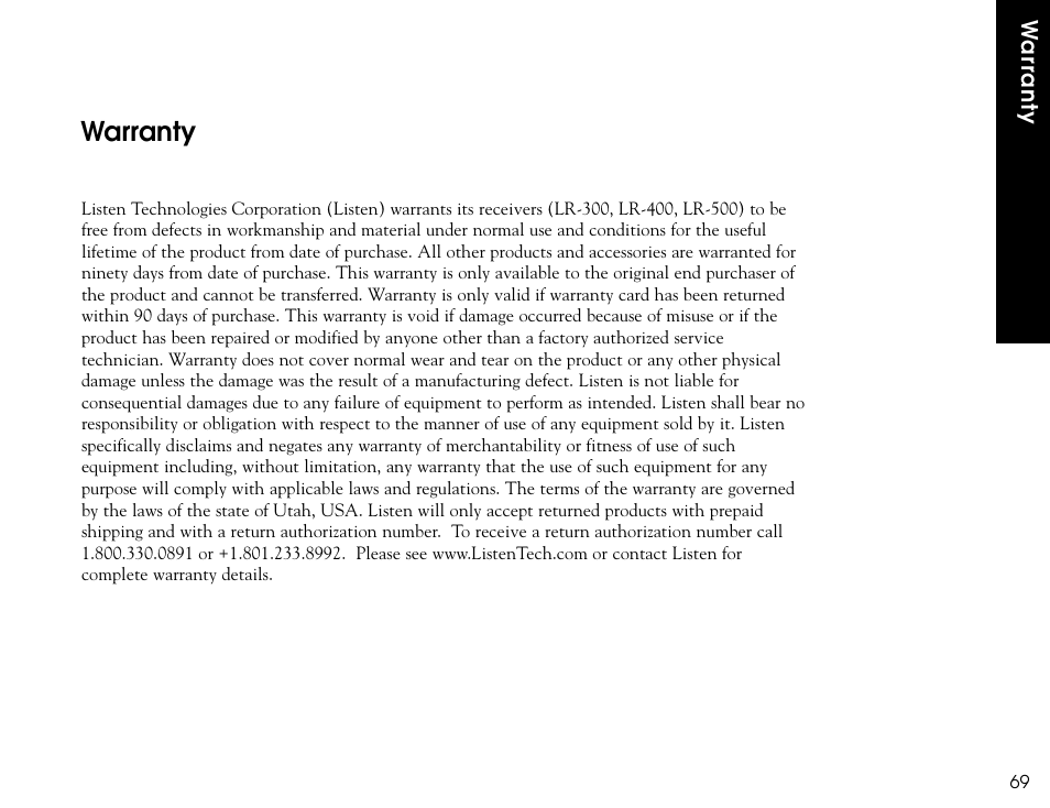 Warranty | Listen Technologies LR-300 User Manual | Page 71 / 76