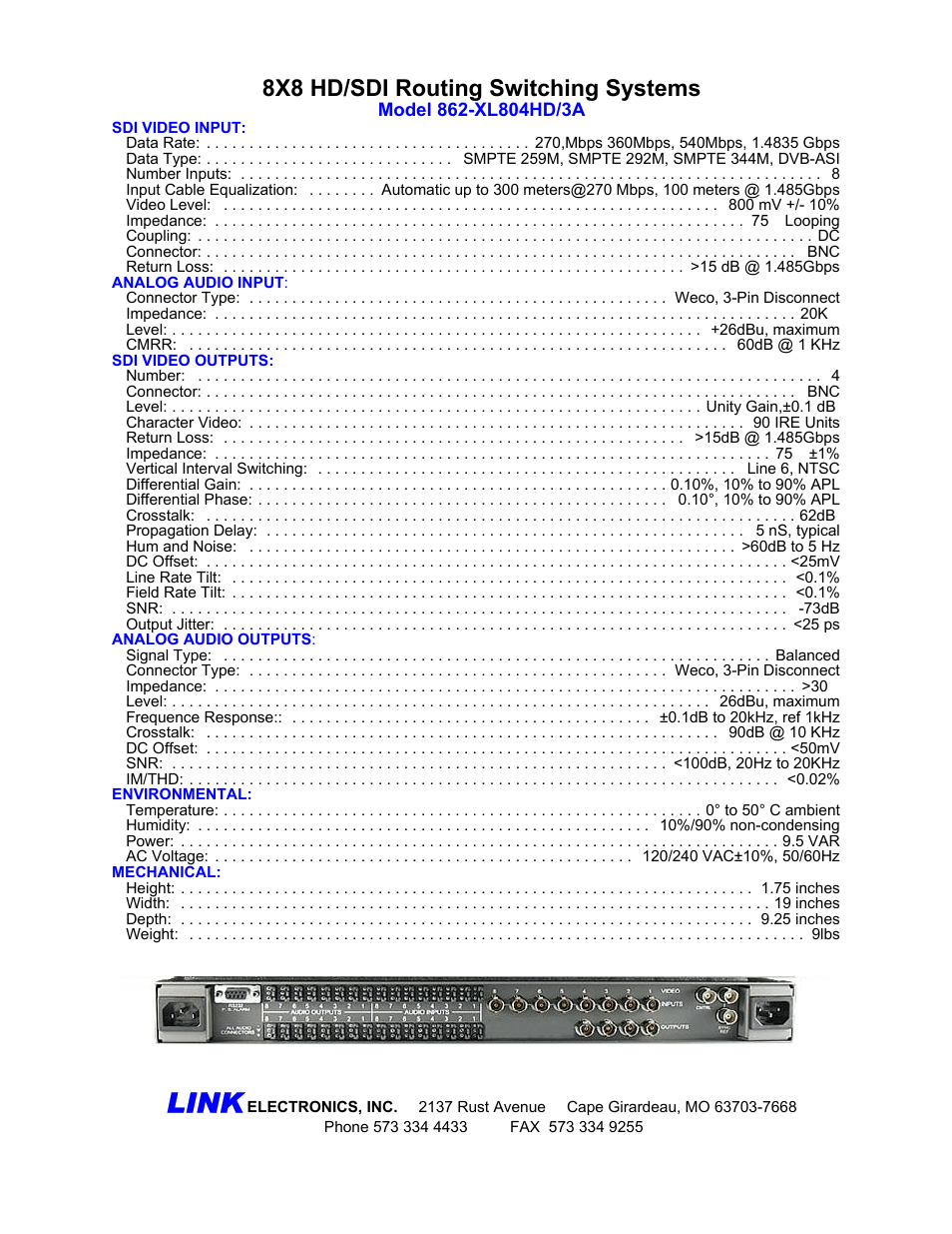 Link, 8x8 hd/sdi routing switching systems | Link electronic 862-XL804HD/3A User Manual | Page 2 / 2