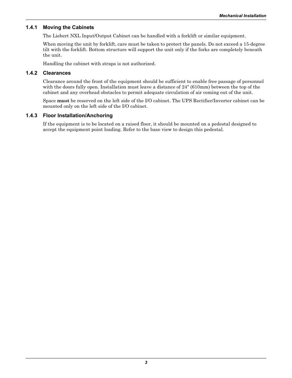 1 moving the cabinets, 2 clearances, 3 floor installation/anchoring | Liebert Ship-Ahead Input/Output Cabinet NXL User Manual | Page 7 / 20