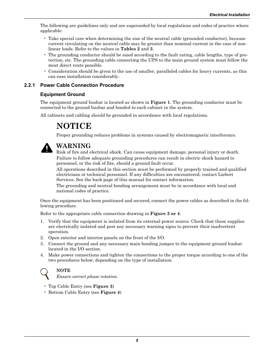 1 power cable connection procedure, Equipment ground, Notice | Warning | Liebert Ship-Ahead Input/Output Cabinet NXL User Manual | Page 9 / 20