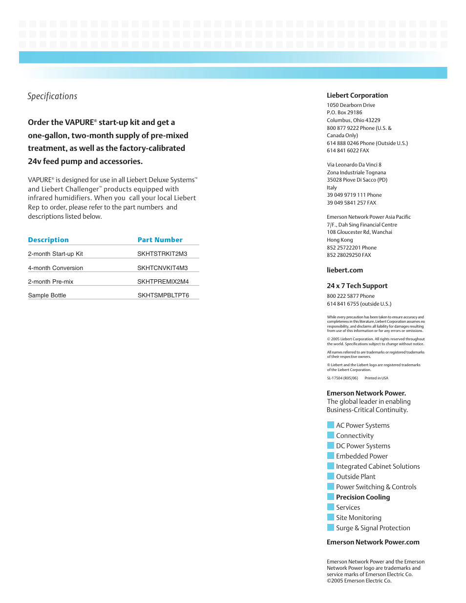 Specifications, Order the vapure | Liebert Pre-mixed Hard Water Treatment VAPURE User Manual | Page 2 / 2