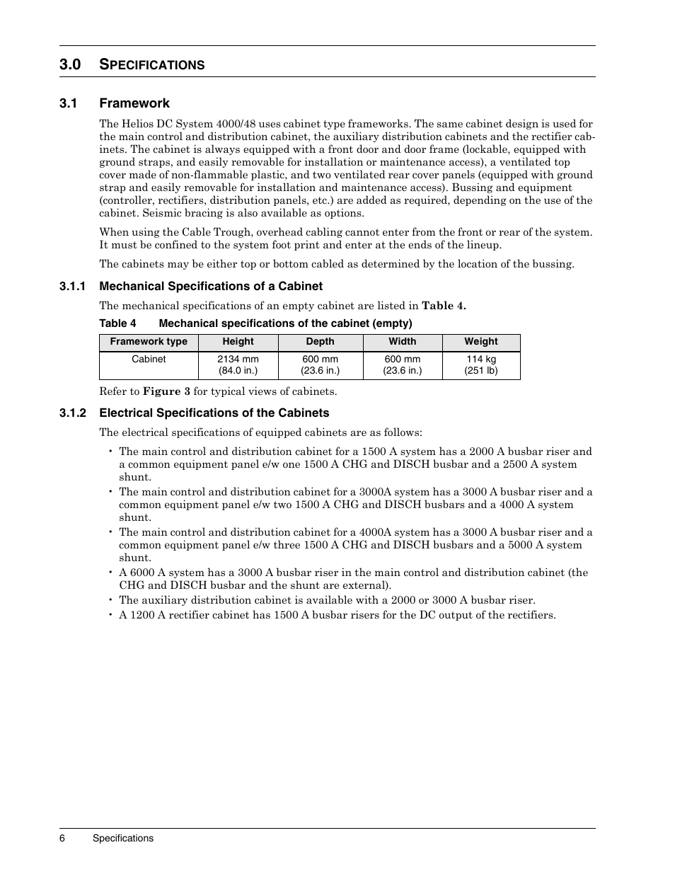 0 specifications, 1 framework, 1 mechanical specifications of a cabinet | 2 electrical specifications of the cabinets, Pecifications, Framework, Mechanical specifications of a cabinet, Electrical specifications of the cabinets, Table 4, Mechanical specifications of the cabinet (empty) | Liebert 1500 User Manual | Page 12 / 59