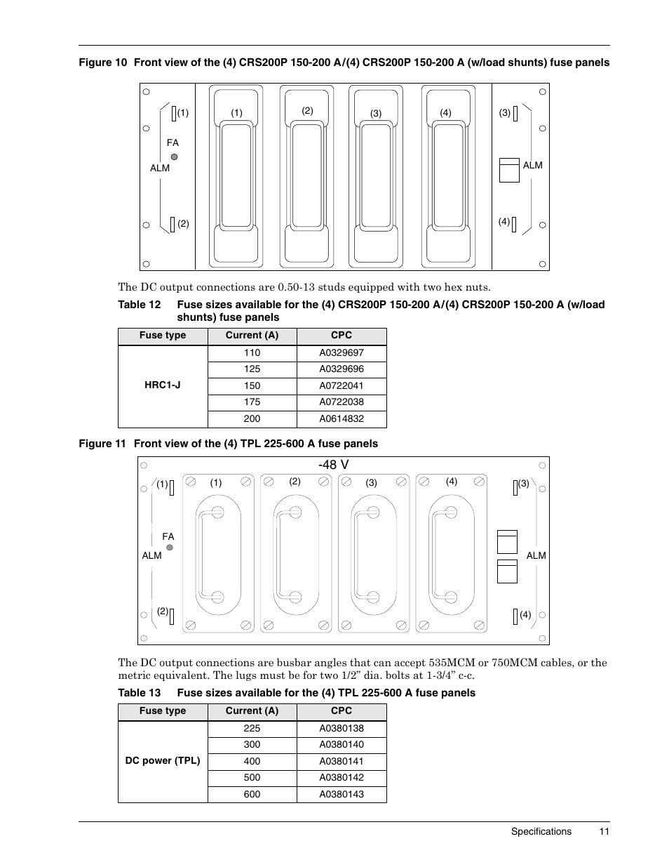Figure 10 front view of the (4) crs200p 150-200 a, 4) crs200p 150-200 a (w/load shunts) fuse panels, Table 12 | Fuse sizes available for the (4) crs200p 150-200 a, Table 13, Figure 10, Figure 11, 48 v | Liebert 1500 User Manual | Page 17 / 59