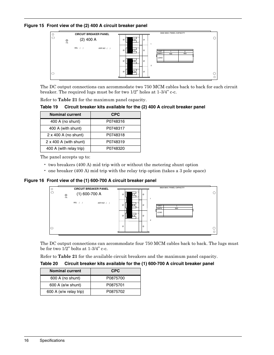 Table 19, Table 20, Figure 15 | Figure 16, 16 specifications, 2) 400 a | Liebert 1500 User Manual | Page 22 / 59