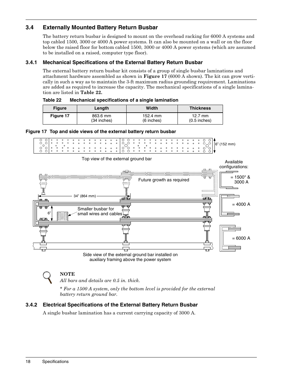 4 externally mounted battery return busbar, Externally mounted battery return busbar, Table 22 | Mechanical specifications of a single lamination | Liebert 1500 User Manual | Page 24 / 59