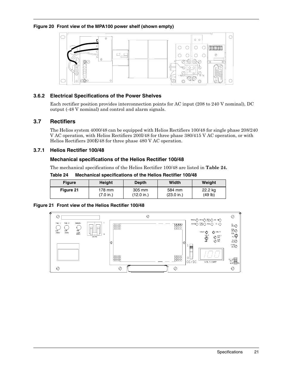 2 electrical specifications of the power shelves, 7 rectifiers, 1 helios rectifier 100/48 | Electrical specifications of the power shelves, Rectifiers, Helios rectifier 100/48, Table 24 | Liebert 1500 User Manual | Page 27 / 59
