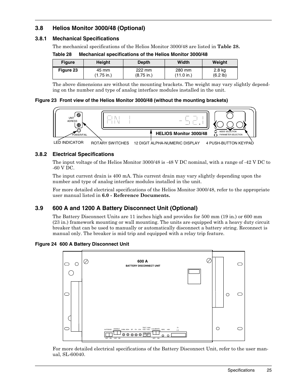 8 helios monitor 3000/48 (optional), 1 mechanical specifications, 2 electrical specifications | Figure 24 600 a battery disconnect unit, Helios monitor 3000/48 (optional), Mechanical specifications, Electrical specifications, Table 28 | Liebert 1500 User Manual | Page 31 / 59